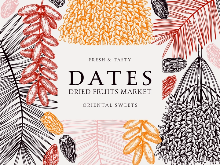 Hand drawn  frame design with date palm leaves and dried fruits sketches in engraved style. Sketched vegan food ingredients vector background. Oriental sweets - dried dates banner template in color